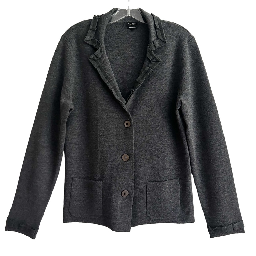 Talbots Gray Merino Wool Ruffle Trim Sweater Blazer L